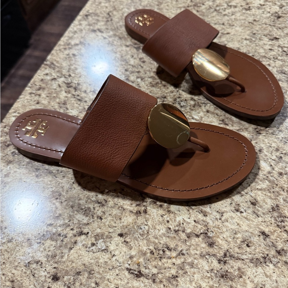Tory Burch Brown Gold Slide Sandals. Never worn